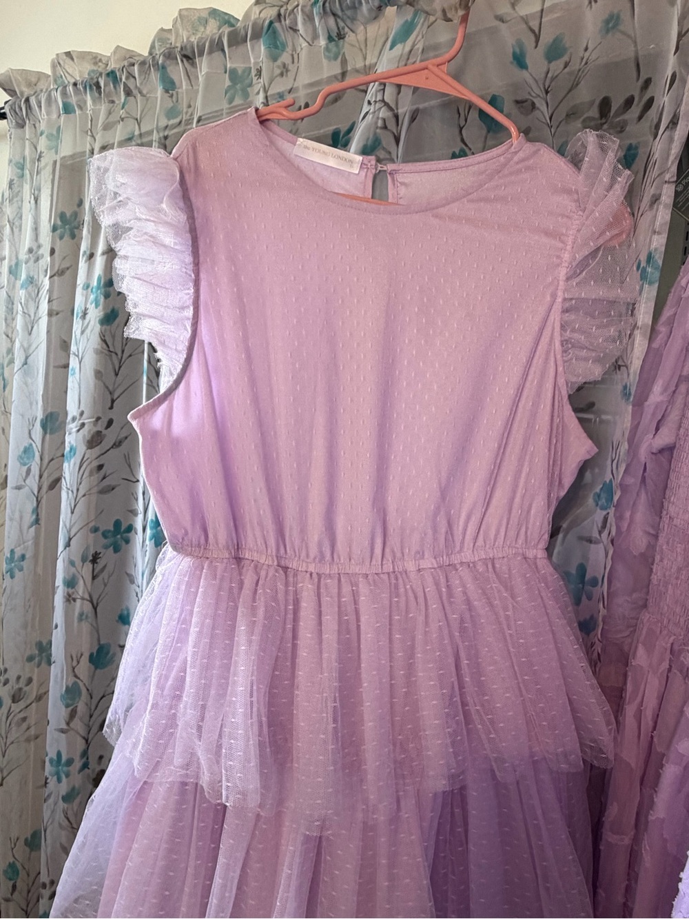 The Young London Lilac Tiered Tulle Dress with Ruffle Sleeves size large